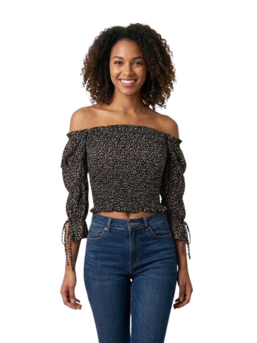 Blush Smocked Off Shoulder Floral Crop Top Tie Sleeve Black Medium